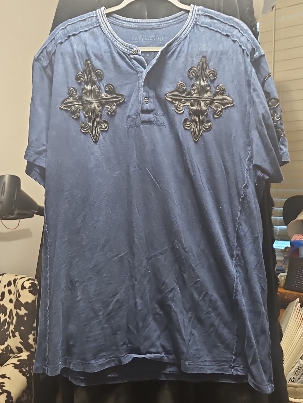 Affliction Blue Short-Sleeve Henley with Black Embroidered Cross Accents